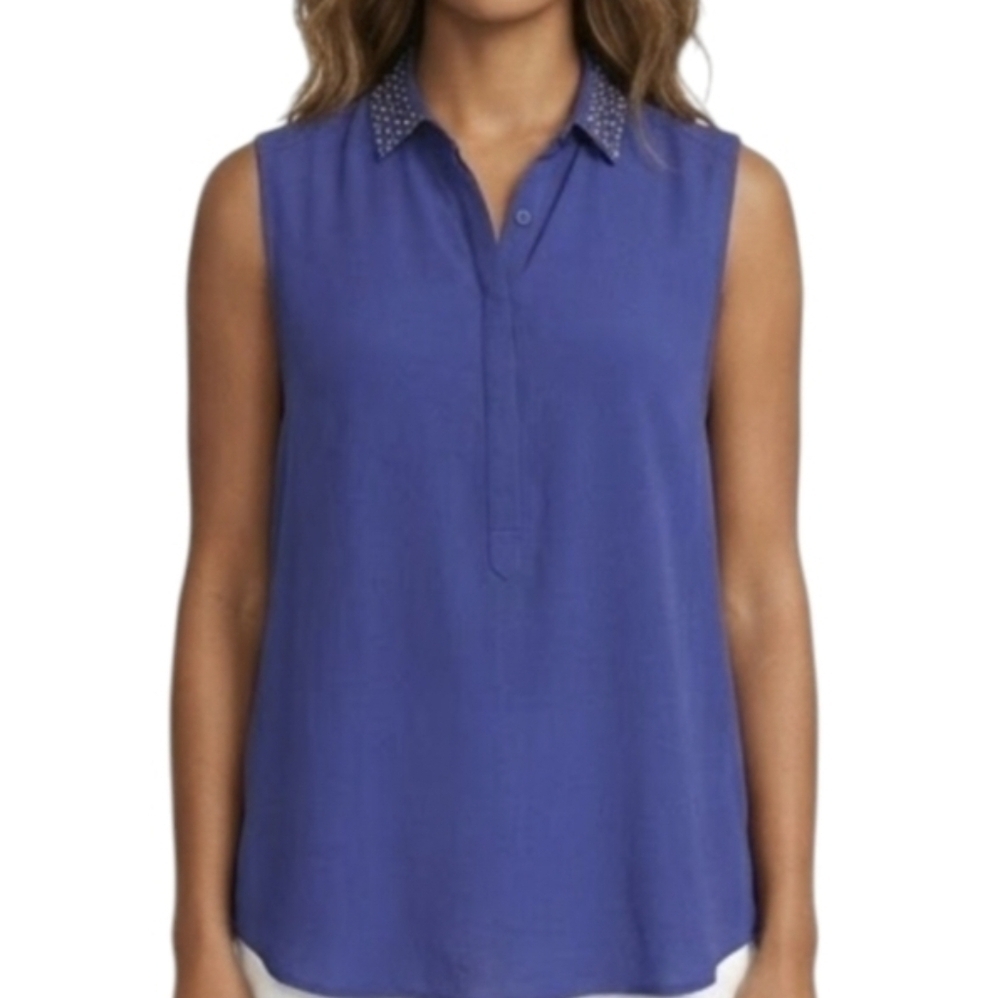 Silk Shirt Top Rivets Size 6 Blue Collared Tucker Shirt